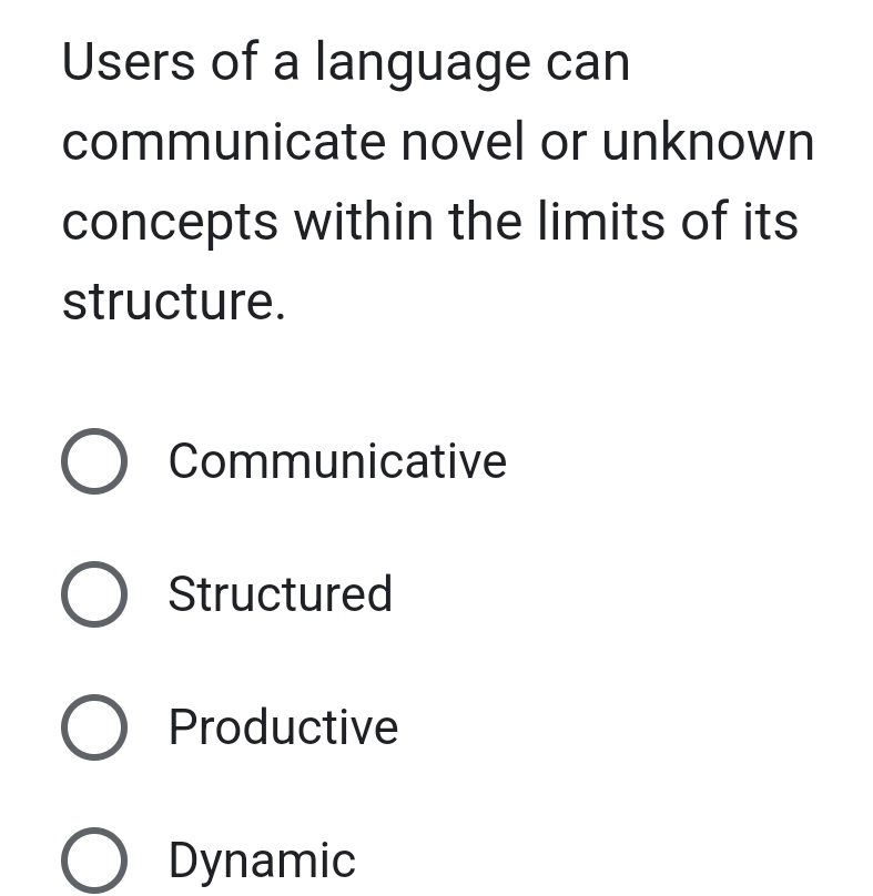 Users of a language can
communicate novel or unknown
concepts within the limits of its
structure.
Communicative
Structured
Productive
Dynamic