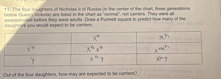 The four daughters of Nicholas II of Russia (in the center of the chart, three generations 
below Queen Victoria) are listed in the chart as “normal”, not carriers. They were all 
assassinated before they were adults. Draw a Punnett square to predict how many of the 
daughters you would expect to be carriers. 
Out of the four daughters, how may are expected to be carriers?