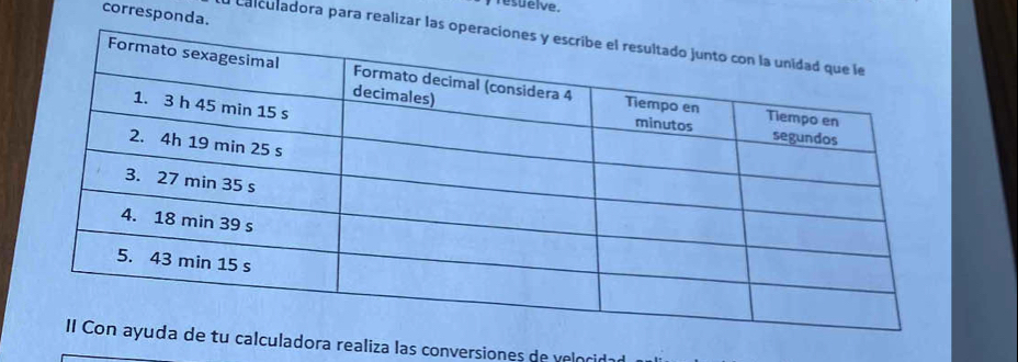 resuelve. 
corresponda. 
a calculadora para realizar las 
culadora realiza las conversiones de velocidad