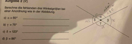 Aufgabe 2 (R) 
Berechne die fehlenden drei Winkelgrößen bei 
einer Anordnung wie in der Abbildung. 
a) alpha =60° _ 
b) gamma =75° _ 
c) delta =123° _ 
d) beta =96° _