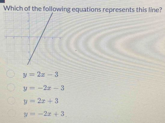 Which of the following equations represents this line?
y=2x-3
y=-2x-3
y=2x+3
y=-2x+3