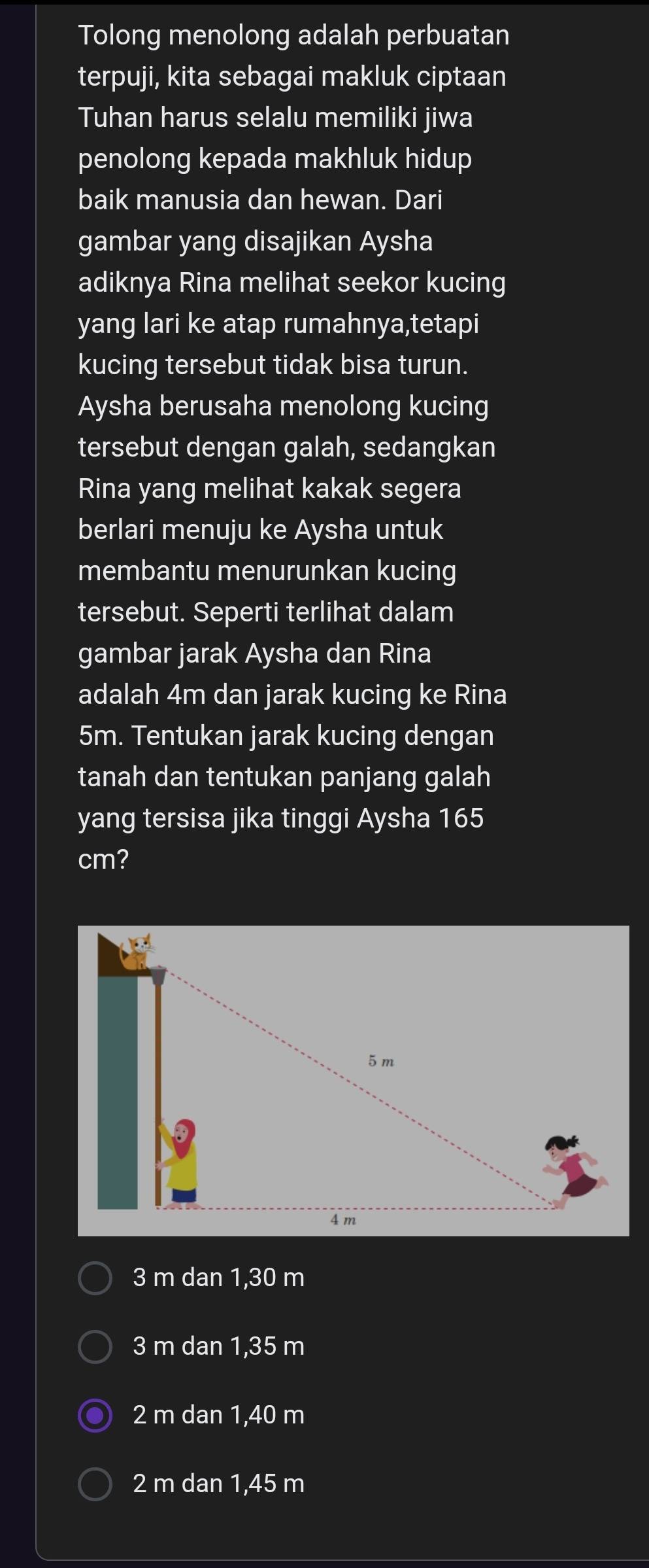 Tolong menolong adalah perbuatan
terpuji, kita sebagai makluk ciptaan
Tuhan harus selalu memiliki jiwa
penolong kepada makhluk hidup
baik manusia dan hewan. Dari
gambar yang disajikan Aysha
adiknya Rina melihat seekor kucing
yang lari ke atap rumahnya,tetapi
kucing tersebut tidak bisa turun.
Aysha berusaha menolong kucing
tersebut dengan galah, sedangkan
Rina yang melihat kakak segera
berlari menuju ke Aysha untuk
membantu menurunkan kucing
tersebut. Seperti terlihat dalam
gambar jarak Aysha dan Rina
adalah 4m dan jarak kucing ke Rina
5m. Tentukan jarak kucing dengan
tanah dan tentukan panjang galah
yang tersisa jika tinggi Aysha 165
cm?
3 m dan 1,30 m
3 m dan 1,35 m
2 m dan 1,40 m
2 m dan 1,45 m