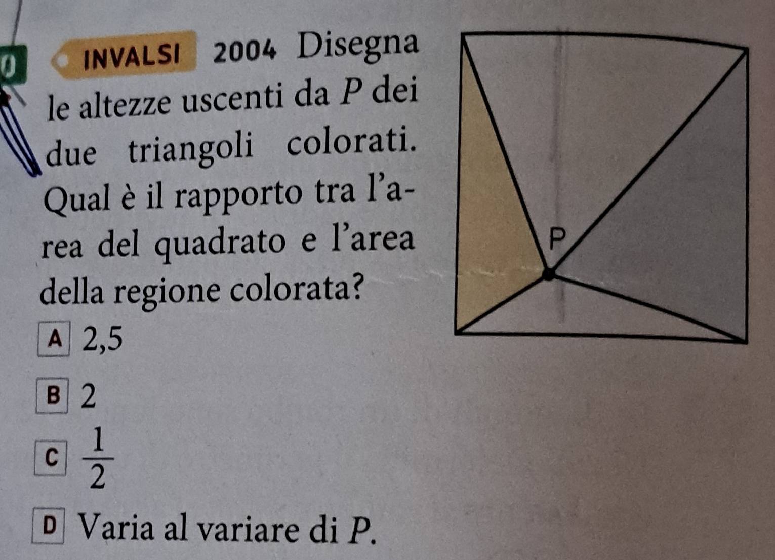 InVALSI 2004 Disegna
le altezze uscenti da P dei
due triangoli colorati.
Qual è il rapporto tra l'a-
rea del quadrato e l’area
della regione colorata?
A 2,5
B 2
C  1/2 
D Varia al variare di P.