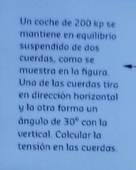 Un coche de 200 kp se 
mantiene en equilíbrio 
suspendido de dos 
cuerdas, como se 
muestra en la figura 
Una de las cuerdas tira 
en dirección horizontal 
y la otra forma un 
ángulo de 30° con la 
vertical. Calcular la 
tensión en las cuerdas.