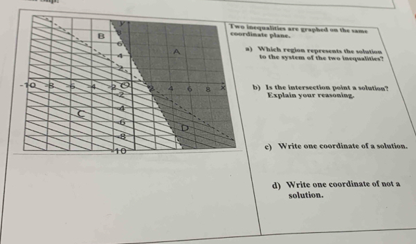 equalities are graphed on the same 
nate plane. 
Which region represents the solution 
to the system of the two inequalities? 
) Is the intersection point a solution? 
Explain your reasoning. 
c) Write one coordinate of a solution. 
d) Write one coordinate of not a 
solution.