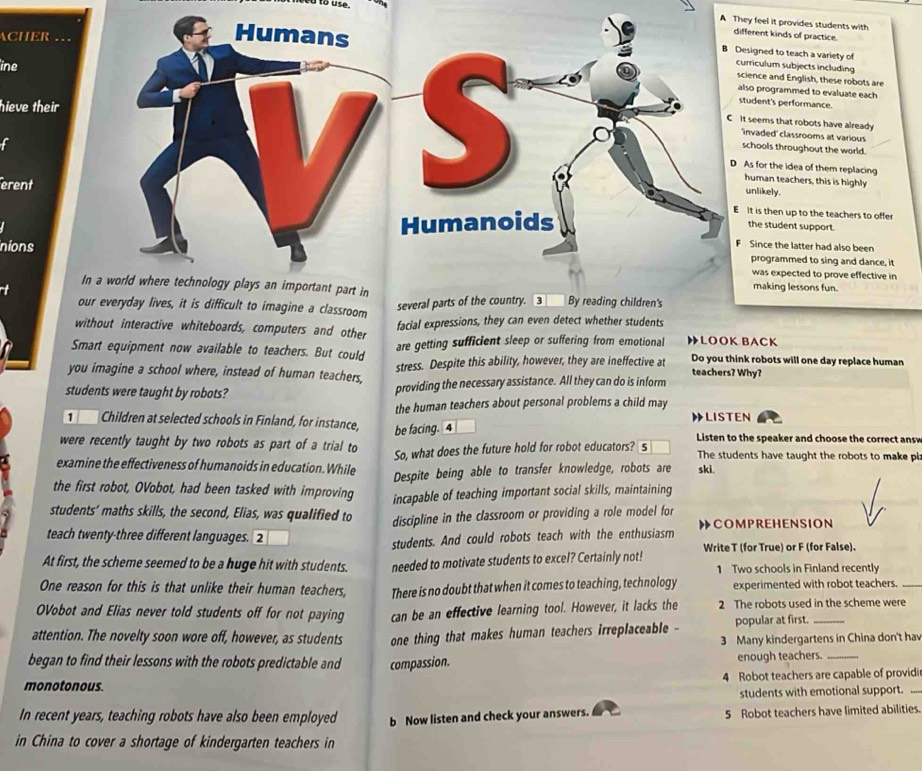 feel it provides students with
ACHER …
ent kinds of practice.
culum subjects including
gned to teach a variety of
ine
nce and English, these robots are
programmed to evaluate each
hieve their 
ent's performance.
eems that robots have already
aded' classrooms at various
f
ools throughout the world.
for the idea of them replacing
erent
man teachers, this is highly
likely.
is then up to the teachers to offer
he student support.
ince the latter had also been
rogrammed to sing and dance, it
nionswas expected to prove effective in
In a wo
making lessons fun.
our everyday lives, it is difficult to imagine a classroom
without interactive whiteboards, computers and other facial expressions, they can even detect whether students
Smart equipment now available to teachers. But could are getting sufficient sleep or suffering from emotional LOOK BACK
you imagine a school where, instead of human teachers, stress. Despite this ability, however, they are ineffective at Do you think robots will one day replace human
teachers? Why?
students were taught by robots? providing the necessary assistance. All they can do is inform
the human teachers about personal problems a child may
1 Children at selected schools in Finland, for instance, be facing. 4 》LISTEN
were recently taught by two robots as part of a trial to  Listen to the speaker and choose the correct ansv
So, what does the future hold for robot educators? s The students have taught the robots to make pi:
examine the effectiveness of humanoids in education. While
Despite being able to transfer knowledge, robots are ski.
the first robot, OVobot, had been tasked with improving
incapable of teaching important social skills, maintaining
students' maths skills, the second, Elias, was qualified to discipline in the classroom or providing a role model for
teach twenty-three different languages. 2
students. And could robots teach with the enthusiasm COMPREHENSION
Write T (for True) or F (for False).
At first, the scheme seemed to be a huge hit with students. needed to motivate students to excel? Certainly not! 1 Two schools in Finland recently
One reason for this is that unlike their human teachers, There is no doubt that when it comes to teaching, technology experimented with robot teachers._
OVobot and Elias never told students off for not paying can be an effective learning tool. However, it lacks the 2 The robots used in the scheme were
attention. The novelty soon wore off, however, as students one thing that makes human teachers irreplaceable popular at first._
3 Many kindergartens in China don't hav
began to find their lessons with the robots predictable and compassion. enough teachers._
monotonous. 4 Robot teachers are capable of providi_
students with emotional support.
In recent years, teaching robots have also been employed b Now listen and check your answers.
5 Robot teachers have limited abilities.
in China to cover a shortage of kindergarten teachers in