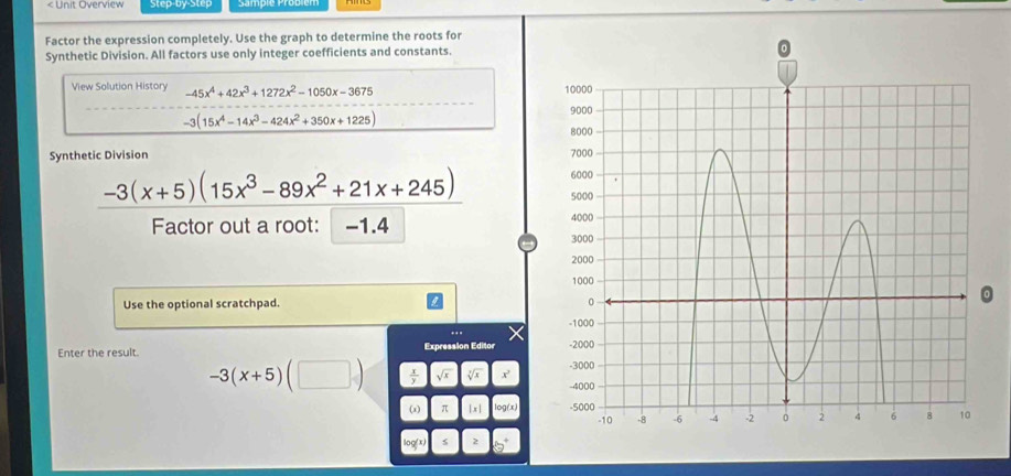 < Unit Overview 
Factor the expression completely. Use the graph to determine the roots for 
Synthetic Division. All factors use only integer coefficients and constants. 
View Solution History  -45x^4+42x^3+1272x^2-1050x-3675
-3(15x^4-14x^3-424x^2+350x+1225)
Synthetic Division
-3(x+5)(15x^3-89x^2+21x+245)
Factor out a root: -1.4
Use the optional scratchpad. 
Enter the result. Expression Editor
-3(x+5)(□ )  x/y  sqrt(x) sqrt[3](x) x'
(x) π | x | log
log/x s 2 57°