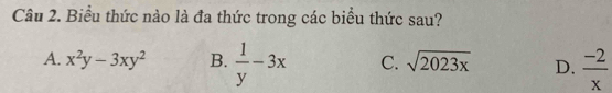 Biểu thức nào là đa thức trong các biểu thức sau?
A. x^2y-3xy^2 B.  1/y -3x C. sqrt(2023x) D.  (-2)/x 