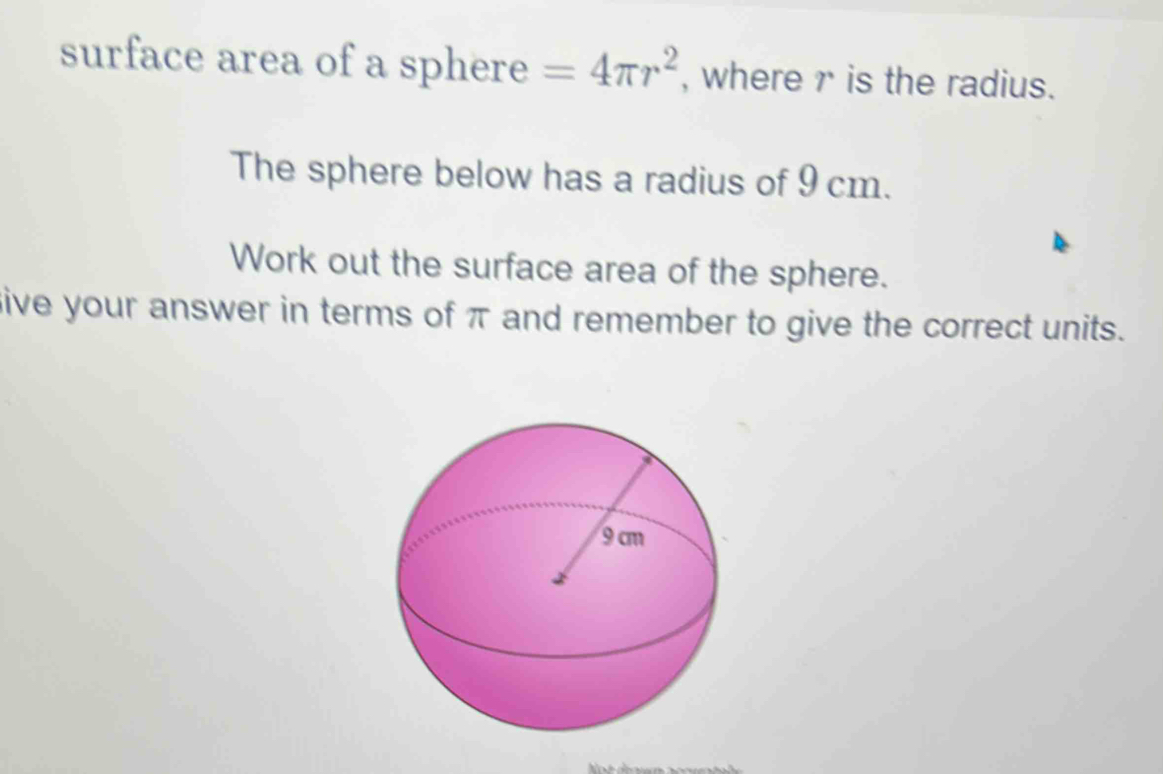 Solved: surface area of a sphere =4π r^2 , where r is the radius. The ...