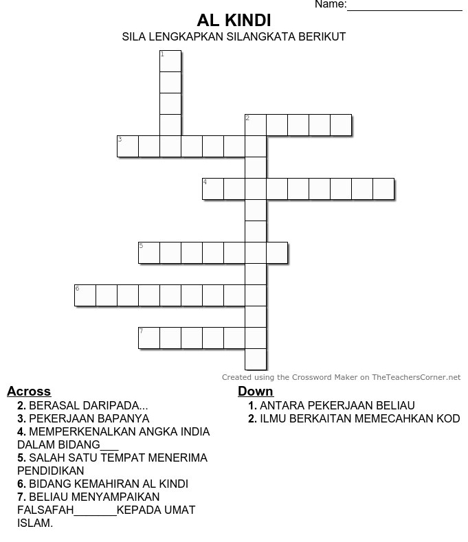 Name:_ 
AL KINDI 
SILA LENGKAPKAN SILANGKATA BERIKUT 
rsCorner,net 
Across Down 
2, BERASAL DARIPADA... 1. ANTARA PEKERJAAN BELIAU 
3. PEKERJAAN BAPANYA 2. ILMU BERKAITAN MEMECAHKAN KOD 
4. MEMPERKENALKAN ANGKA INDIA 
DALAM BIDANG_ 
5. SALAH SATU TEMPAT MENERIMA 
PENDIDIKAN 
6. BIDANG KEMAHIRAN AL KINDI 
7. BELIAU MENYAMPAIKAN 
FALSAFAH_ KEPADA UMAT 
ISLAM.