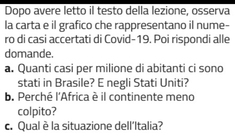 Dopo avere letto il testo della lezione, osserva 
la carta e il grafico che rappresentano il nume- 
ro di casi accertati di Covid-19. Poi rispondi alle 
domande. 
a. Quanti casi per milione di abitanti ci sono 
stati in Brasile? E negli Stati Uniti? 
b. Perché l’Africa è il continente meno 
colpito? 
c. Qual è la situazione dell’Italia?