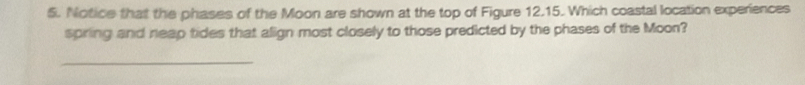 Notice that the phases of the Moon are shown at the top of Figure 12.15. Which coastal location experiences 
spring and neap tides that align most closely to those predicted by the phases of the Moon? 
_