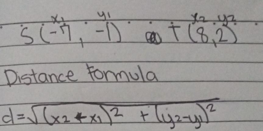 S(-^x1_7· beginarrayr y1 -1endarray
beginarrayr x_2y_y
Distance formula
d=sqrt((x_2)+x_1)^2+(y_2-y_1)^2