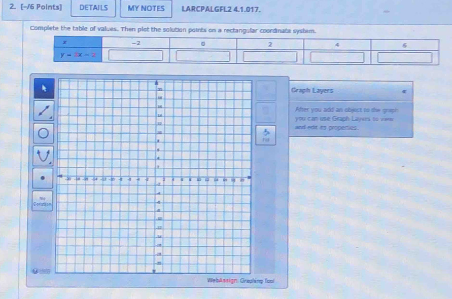 DETAILS MY NOTES LARCPALGFL2 4.1.017.
Complete the table of values. Then plot the solution points on a rectangular coordinate system.
Graph Layers
After you add an object to the graph
you can use Graph Layers to view
and edit as properties.
Sotutio
Graphing Tool