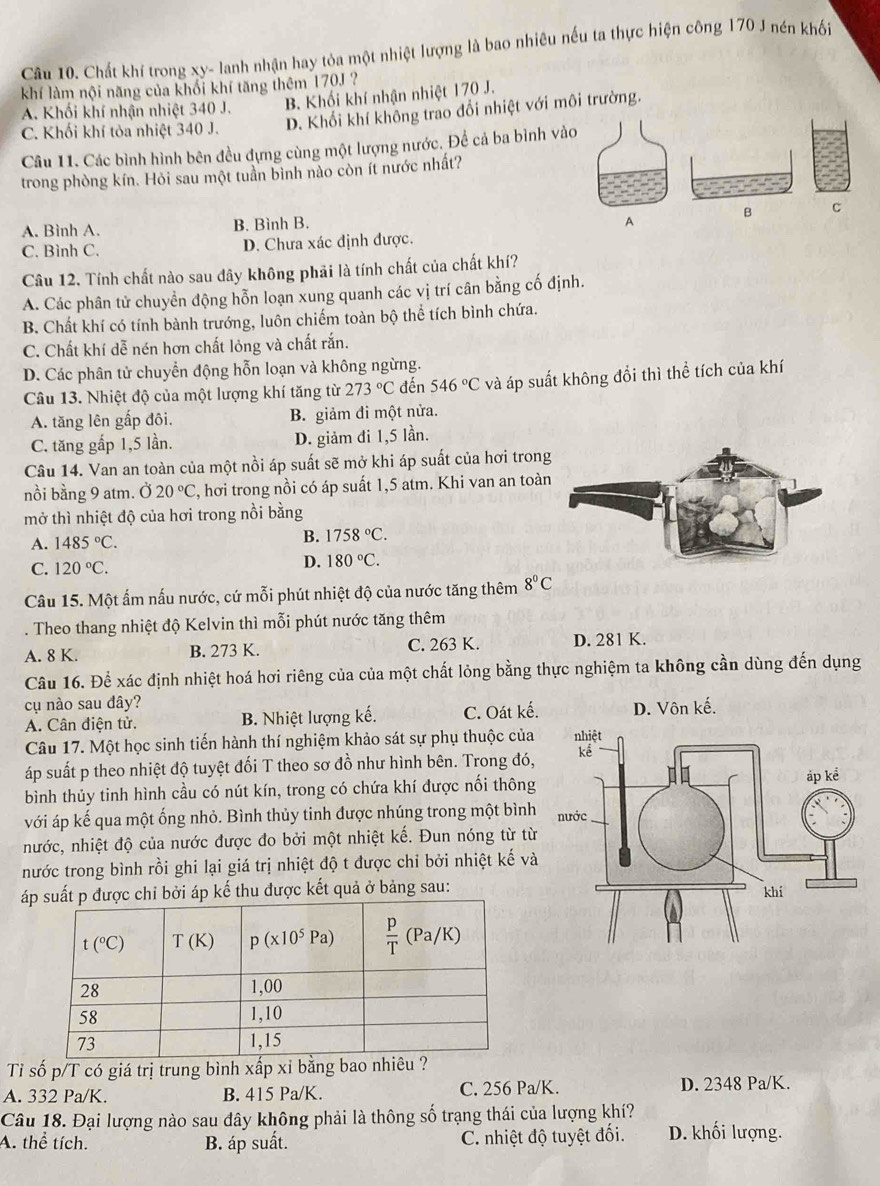 Chất khí trong xy- lanh nhận hay tòa một nhiệt lượng là bao nhiêu nếu ta thực hiện công 170 J nén khối
khí làm nội năng của khổi khí tăng thêm 170J ?
A. Khối khí nhận nhiệt 340 J. B. Khối khí nhận nhiệt 170 J.
C. Khối khí tỏa nhiệt 340 J. D. Khối khí không trao đổi nhiệt với môi trường.
Câu 11. Các bình hình bên đều dựng cùng một lượng nước. Để cả ba bình vào
trong phòng kín. Hỏi sau một tuần bình nào còn ít nước nhất?
B c
A. Bình A. B. Bình B.
A
C. Bình C. D. Chưa xác định được.
Câu 12. Tính chất nào sau đây không phải là tính chất của chất khí?
A. Các phân tử chuyền động hỗn loạn xung quanh các vị trí cân bằng cố định.
B. Chất khí có tính bành trướng, luôn chiếm toàn bộ thể tích bình chứa.
C. Chất khí dễ nén hơn chất lỏng và chất rắn.
D. Các phân tử chuyển động hỗn loạn và không ngừng.
Câu 13. Nhiệt độ của một lượng khí tăng từ 273°C đến 546°C và áp suất không đổi thì thể tích của khí
A. tăng lên gấp đôi, B. giảm đi một nửa.
C. tăng gấp 1,5 lần. D. giảm đi 1,5 lần.
Câu 14. Van an toàn của một nồi áp suất sẽ mở khi áp suất của hơi trong
nồi bằng 9 atm. Ở 20°C 2, hơi trong nồi có áp suất 1,5 atm. Khi van an toàn
mở thì nhiệt độ của hơi trong nồi bằng
A. 1485°C.
B. 1758°C.
C. 120°C. D. 180°C.
Câu 15. Một ấm nấu nước, cứ mỗi phút nhiệt độ của nước tăng thêm 8°C. Theo thang nhiệt độ Kelvin thì mỗi phút nước tăng thêm
A. 8 K. B. 273 K. C. 263 K. D. 281 K.
Câu 16. Để xác định nhiệt hoá hơi riêng của của một chất lỏng bằng thực nghiệm ta không cần dùng đến dụng
cụ nào sau đây?
A. Cân điện tử. B. Nhiệt lượng kế. C. Oát kế. D. Vôn kế.
Câu 17. Một học sinh tiến hành thí nghiệm khảo sát sự phụ thuộc của
áp suất p theo nhiệt độ tuyệt đối T theo sơ đồ như hình bên. Trong đó,
bình thủy tinh hình cầu có nút kín, trong có chứa khí được nối thông
với áp kế qua một ống nhỏ. Bình thủy tinh được nhúng trong một bình
nước, nhiệt độ của nước được đo bởi một nhiệt kế. Đun nóng từ từ
nước trong bình rồi ghi lại giá trị nhiệt độ t được chỉ bởi nhiệt kế và
á bởi áp kế thu được kết quả ở bảng sau:
Ti số p/T có giá trị trung bình xấp xỉ bằng bao n
A. 332 Pa/K. B. 415 Pa/K. C. 256 Pa/K. D. 2348 Pa/K.
Câu 18. Đại lượng nào sau đây không phải là thông số trạng thái của lượng khí?
A. thể tích. B. áp suất.  C. nhiệt độ tuyệt đối. D. khối lượng.