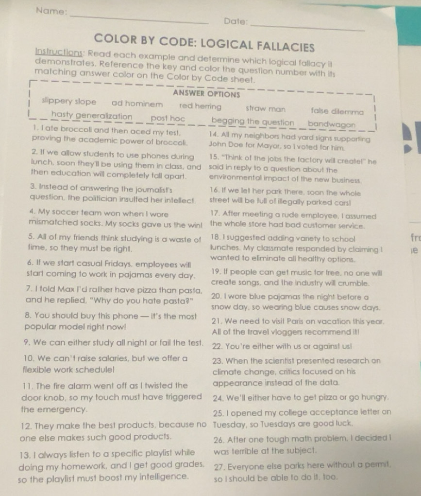 Gelöst:Name: _ _ Date: COLOR BY CODE: LOGICAL FALLACIES Instructions ...
