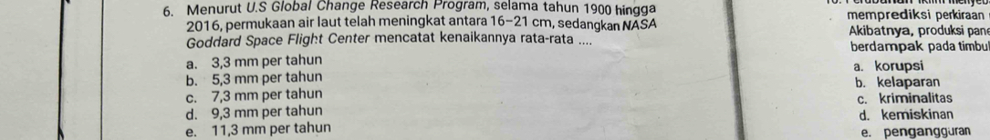 Menurut U.S Global Change Research Program, selama tahun 1900 hingga memprediksi perkiraan
2016, permukaan air laut telah meningkat antara 16-21 cm, sedangkan NASA Akibatnya, produksi pan
Goddard Space Flight Center mencatat kenaikannya rata-rata .... berdampak pada timbu
a. 3,3 mm per tahun a. korupsi
b. 5,3 mm per tahun b. kelaparan
c. 7,3 mm per tahun c. kriminalitas
d. 9,3 mm per tahun
e. 11,3 mm per tahun d. kemiskinan
e. pengangguran