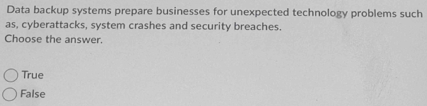 Data backup systems prepare businesses for unexpected technology problems such
as, cyberattacks, system crashes and security breaches.
Choose the answer.
True
False