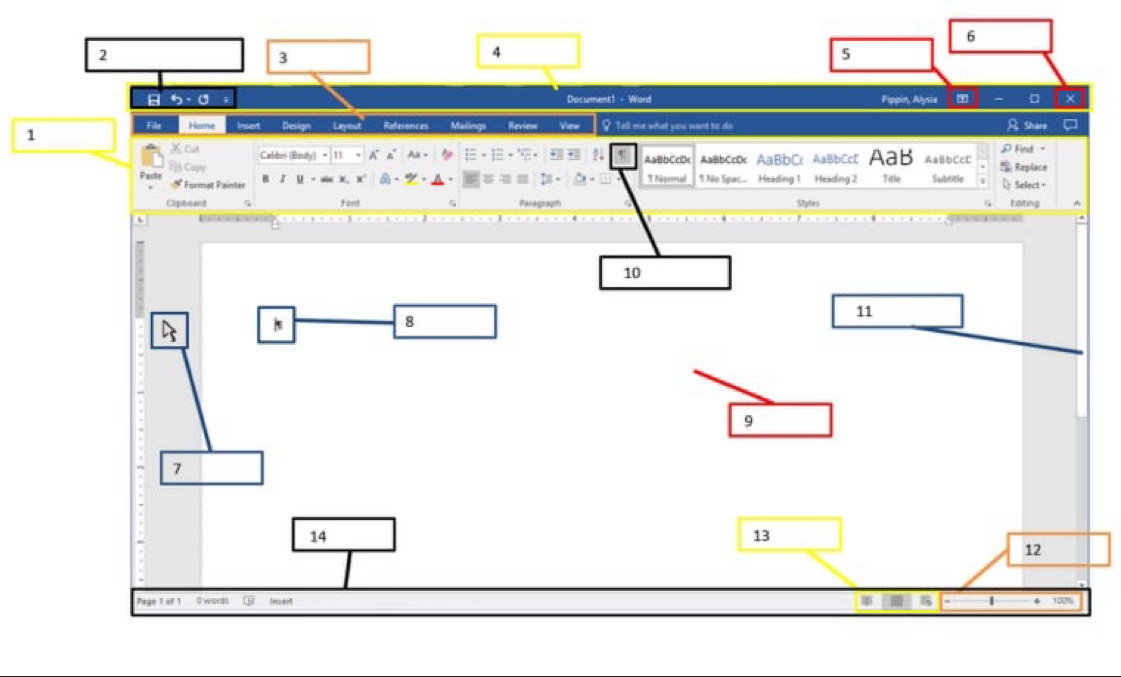 6 
2 
3 
4 
5 
rightarrow -6 Document1 - Word Pippin, Alysia □ x 
File Home Insert Design Layout' References Mailings Review Vinw ?. Tell me what you want to do 
1 A shere 
C Calibri (Body) n A' Aa - 21 AaBbCcDc AaBbCcDc AaBbCcAaBbCcE AaB AaBbCcC P Find - & Replace 
Cap 1 Normal 1 No Spac... Heading 1 Heading 2 Tieso Subtitle 
x° a . 9 
Pacte 5º Format Painter Select + 
Clipteand font Falagraph tating 
Stylei
10
8
11
9
7
14
13
12 
Page 1 O wordl