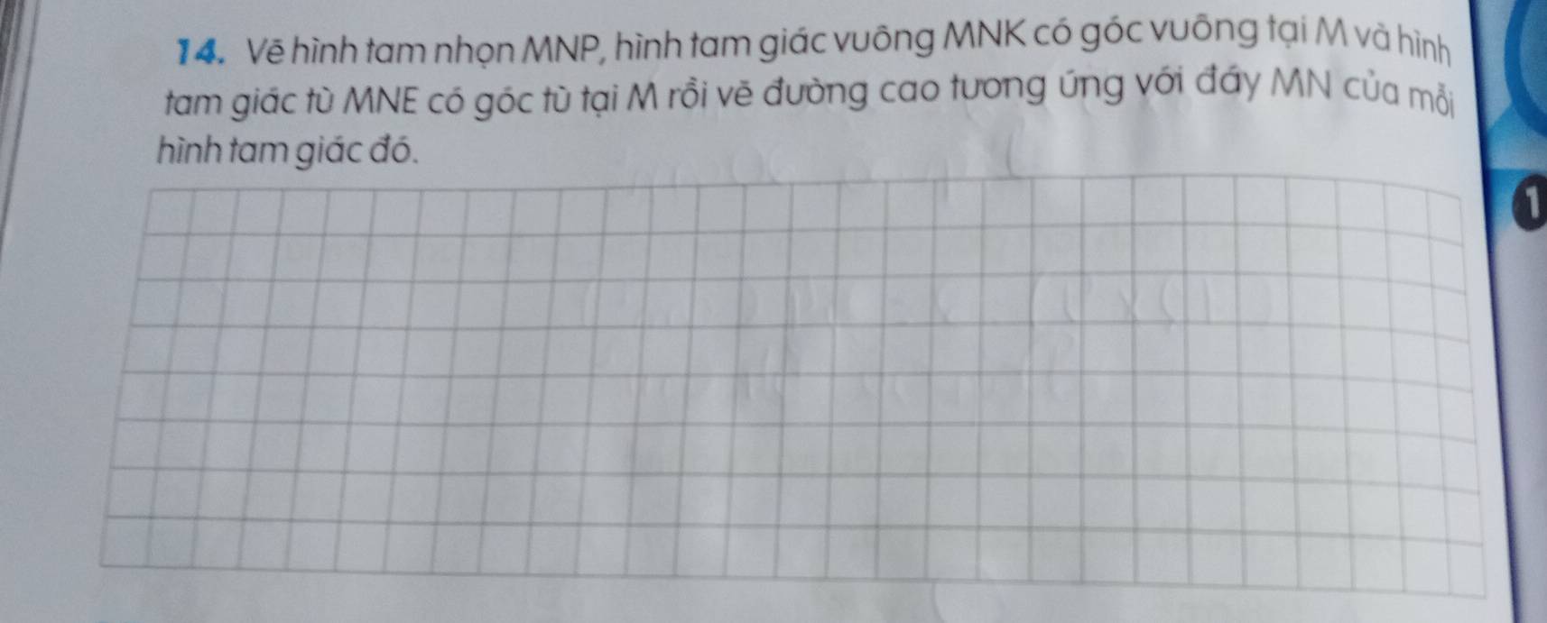 Vẽ hình tam nhọn MNP, hình tam giác vuông MNK có góc vuông tại M và hình 
tam giác tù MNE có góc tù tại M rồi vẽ đường cao tương ứng với đáy MN của mỗi 
hình tam giác đó. 
1