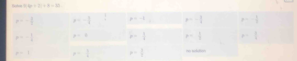 Solve 9 4p+2|+8=35.