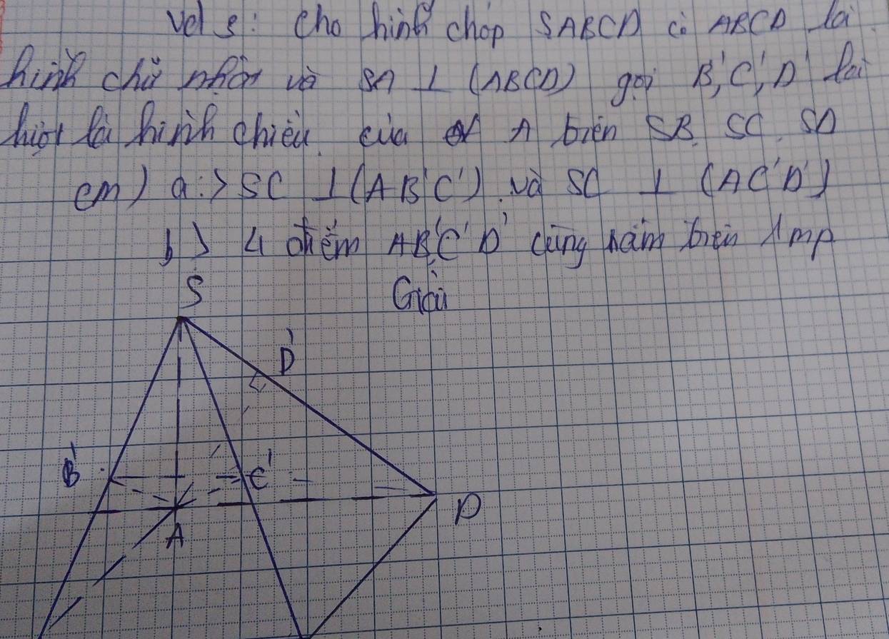 vels: cho hine chop SARCD C" ARCD La
hink chú mai va SA⊥ (ABCD) goi B',C n lai
huor l hihih chièù ein A bièn 5B SO SA
em) a:>SC⊥ (AB'C') vd SC⊥ (AC'D')
Lohem RC'D ging ham bān Amp