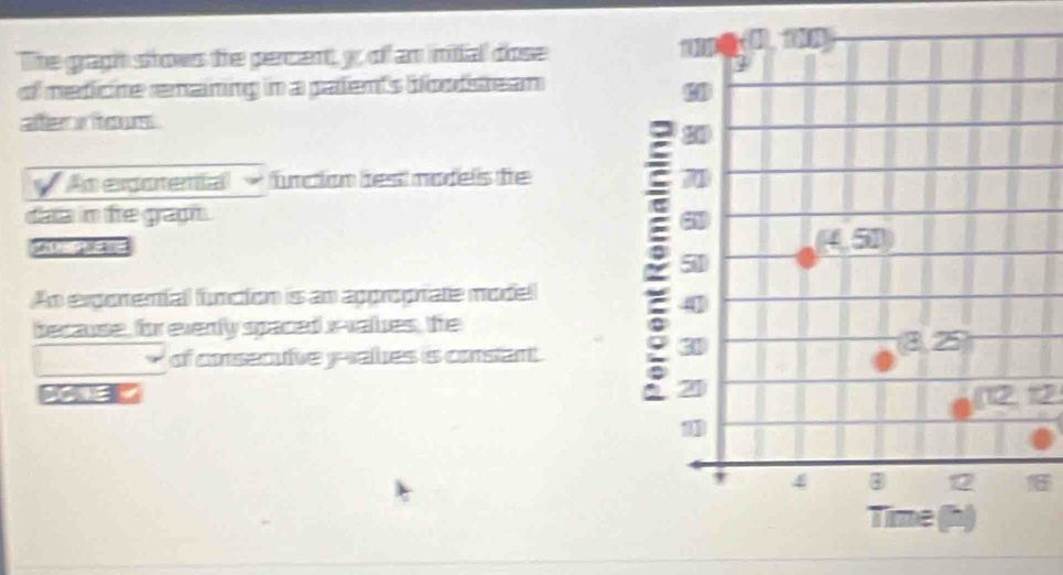 The gragh shows the percent, y of an initial dose 
of medicne remaning in a patents bloodstean 
ater nfous 
An exporental -funcion bes models fe 
data in fe graph . 

An ergonenial funcion is an approprate model 
because, for everly spaced i vales, fe 
of cosen fue yales is constant. 
12