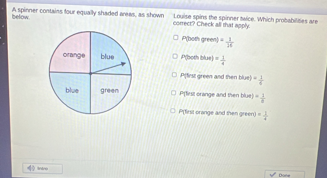 A spinner contains four equally shaded areas, as shown Louise spins the spinner twice. Which probabilities are
below. correct? Check all that apply.
P(both green) = 1/16 
P(both blue) = 1/4 
P(first green and then blue) = 1/6 
P(first orange and then blue) = 1/8 
P(first orange and then green) = 1/4 
Intro
Done