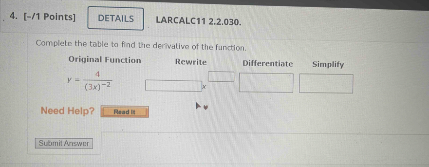 DETAILS LARCALC11 2.2.030. 
Complete the table to find the derivative of the function. 
Original Function Rewrite Differentiate Simplify
(-3,4)^circ  □
y=frac 4(3x)^-2 □ X □ frac ^circ  | frac frac 1 
Need Help? Read It 
Submit Answer