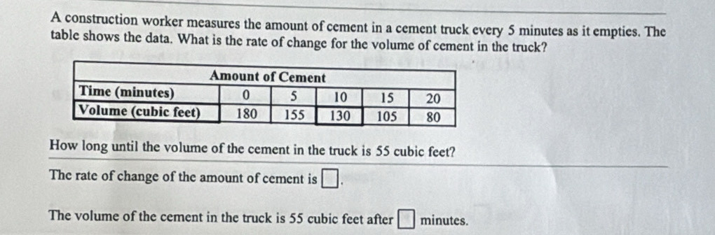 A construction worker measures the amount of cement in a cement truck every 5 minutes as it empties. The
table shows the data. What is the rate of change for the volume of cement in the truck?
How long until the volume of the cement in the truck is 55 cubic feet?
The rate of change of the amount of cement is □.
The volume of the cement in the truck is 55 cubic feet after □ minutes.