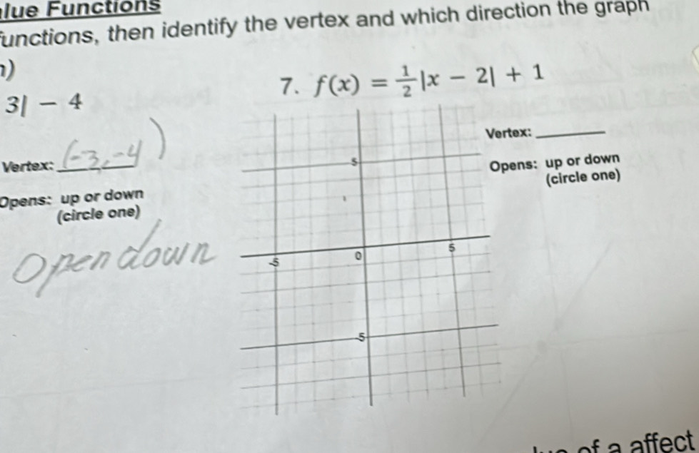 lue Functions 
functions, then identify the vertex and which direction the graph 
) 
7. f(x)= 1/2 |x-2|+1
3|-4
ex:_ 
Vertex: 
Opens: up or downns: up or down 
(circle one)(circle one) 
o a affect