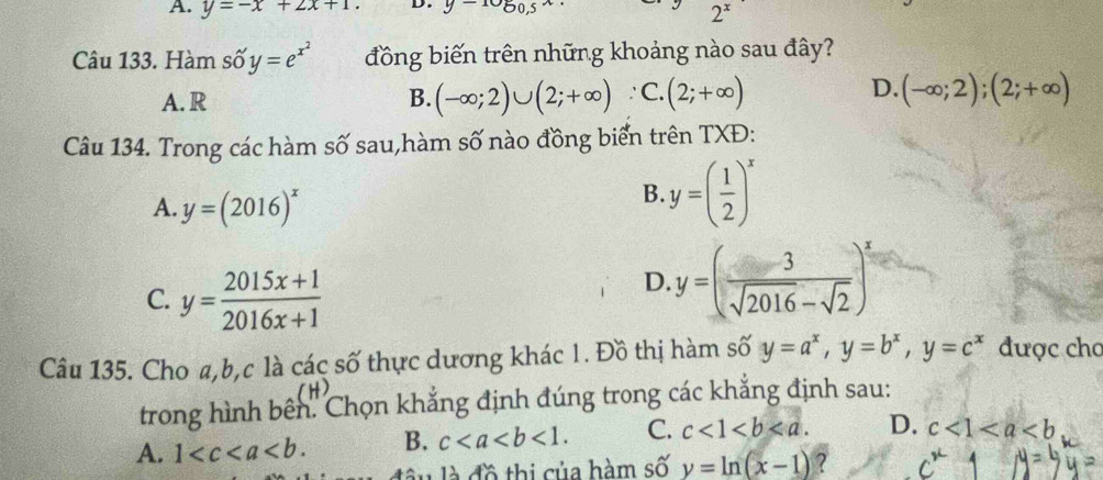 A. y=-x+2x+1. y
2*
Câu 133. Hàm số y=e^(x^2) đồng biến trên những khoảng nào sau đây?
D.
A. R B. (-∈fty ;2)∪ (2;+∈fty ):C.(2;+∈fty ) (-∈fty ;2);(2;+∈fty )
Câu 134. Trong các hàm số sau,hàm số nào đồng biển trên TXĐ:
A. y=(2016)^x
B. y=( 1/2 )^x
C. y= (2015x+1)/2016x+1 
D. y=( 3/sqrt(2016)-sqrt(2) )^x
Câu 135. Cho a, b,c là các số thực dương khác 1. Đồ thị hàm số y=a^x, y=b^x, y=c^x được cho
(H)
trong hình bên. Chọn khẳng định đúng trong các khẳng định sau:
A. 1 . B. c<1</tex>. C. c<1<b. D. c<1<a
đầu là đồ thị của hàm số y=ln (x-1) ?