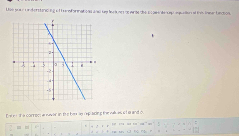 Use your understanding of transformations and key features to write the slope-intercept equation of this linear function. 
Enter the correct answer in the box by replacing the values of m and b. 
∠ △ 
 □ /□   ( |0| sim cos tan sin cie tan. . n  1/4  < ) 2 A csc sec cot log log. in  beginbmatrix 28 72endbmatrix