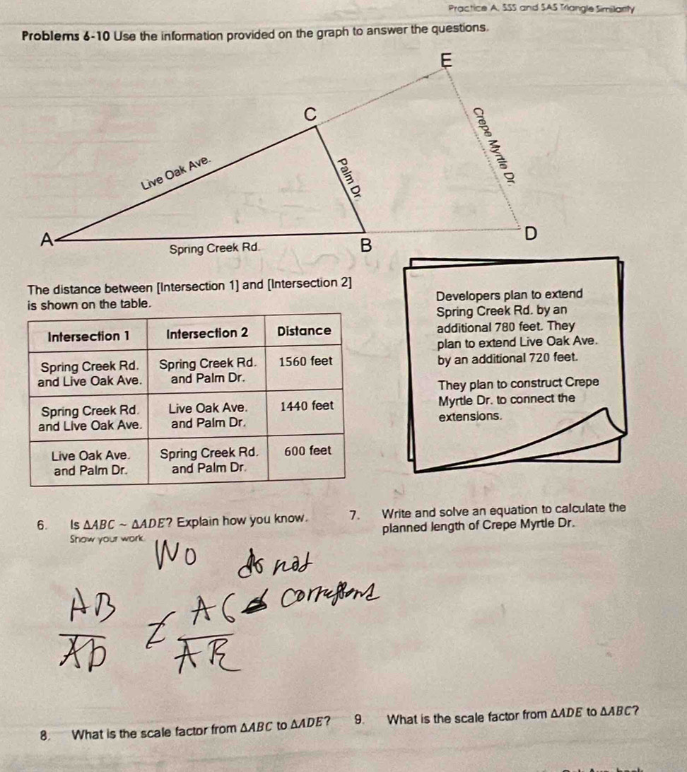 Practice A. SSS and SAS Triangle Similarity 
Problems 6-10 Use the information provided on the graph to answer the questions. 
The distance between [Intersection 1] and [Intersection 2] 
is shown on the table. Developers plan to extend 
Spring Creek Rd. by an 
Intersection 1 Intersection 2 Distance additional 780 feet. They 
plan to extend Live Oak Ave. 
Spring Creek Rd. Spring Creek Rd. 1560 feet by an additional 720 feet. 
and Live Oak Ave. and Palm Dr. 
They plan to construct Crepe 
Spring Creek Rd. Live Oak Ave. 1440 feet Myrtle Dr. to connect the 
and Live Oak Ave. and Palm Dr. extensions. 
Live Oak Ave. Spring Creek Rd. 600 feet
and Palm Dr. and Palm Dr 
6. Is △ ABCsim △ ADE ? Explain how you know. 7. Write and solve an equation to calculate the 
Show your work planned length of Crepe Myrtle Dr. 
8. What is the scale factor from △ ABC to △ ADE ? 9. What is the scale factor from △ ADE to △ ABC ?