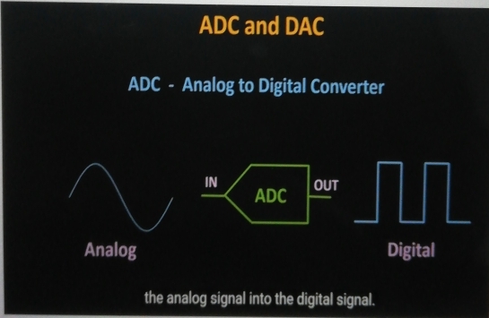 ADC and DAC
ADC - Analog to Digital Converter 
IN OUT 
ADC 
Analog Digital 
the analog signal into the digital signal.