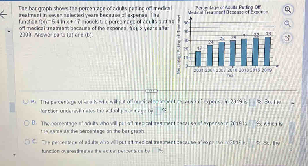 Percentage of Adults Putting Off
The bar graph shows the percentage of adults putting off medical Medical Treatment Because of Expense
treatment in seven selected years because of expense. The
function f(x)=5.4ln x+17 models the percentage of adults putting 
off medical treatment because of the expense, f(x) , x years after
2000. Answer parts (a) and (b)

Year
A. The percentage of adults who will put off medical treatment because of expense in 2019 is % So the
function underestimates the actual percentage by %
B. The percentage of adults who will put off medical treatment because of expense in 2019 is 26. which is
the same as the percentage on the bar graph
C. The percentage of adults who will put off medical treatment because of expense in 2019 is %. So, the
function overestimates the actual percentage by □ %