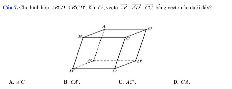 Cho hình hộp ABCD· A'B'C'D'. Khi đó, vectơ vector AB+vector A'D'+vector CC' bằng vectơ nào dưới đây?
A. vector A'C. B. vector CA'. C. vector AC'. D. vector C'A.