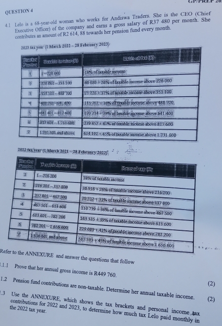 CPEP 21
QUESTION 4
4.1 Lelo is a 68-year-old woman who works for Andiswa Traders. She is the CEO (Chief
Executive Officer) of the company and earns a gross salary of R37 480 per month. She
contributes an amount of R2 614, 88 towards her pension fund every month.
y 2023)
2022 tax year (1 March 2 121=28February2022)
Reanswer the questions that follow
.1.1 Prove that her annual gross income is R449 760. (2)
1.2 Pension fund contributions are non-taxable. Determine her annual taxable income. (2)
.3 Use the ANNEXURE, which shows the tax brackets and personal income tax
the 2022 tax year.
contributions for 2022 and 2023, to determine how much tax Lelo paid monthly in