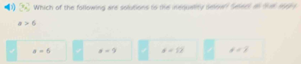 Which of the following are solutions to the inequality selow? Select an that ay t
a>6
a=6 a=9 θ =12 d=7