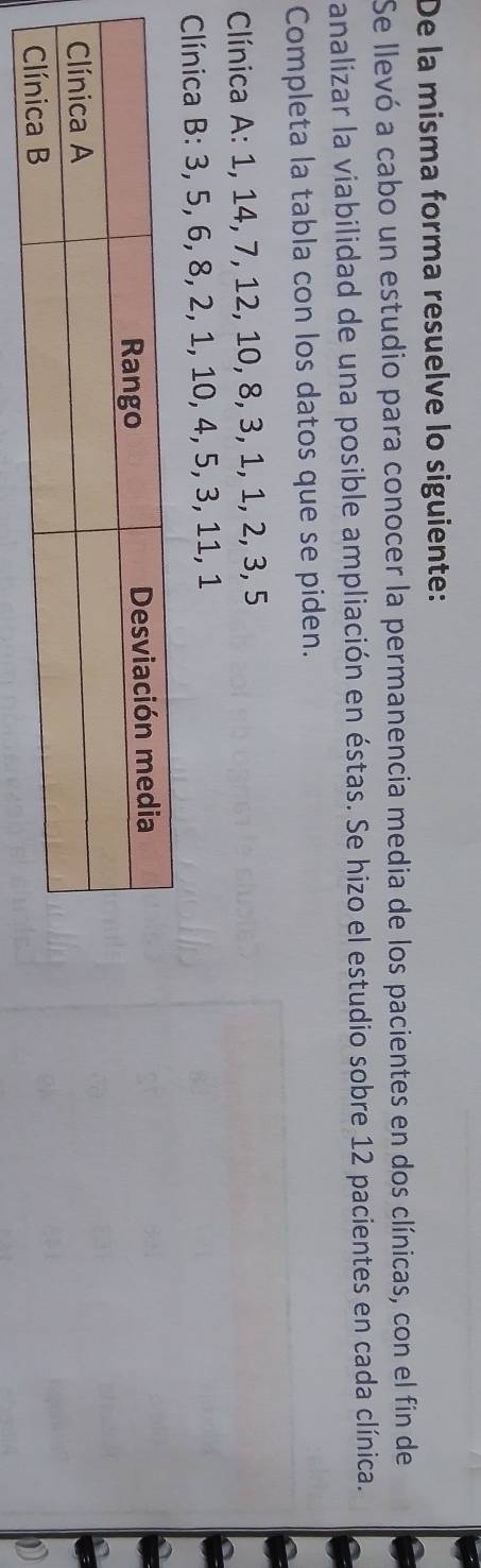 De la misma forma resuelve lo siguiente: 
Se llevó a cabo un estudio para conocer la permanencia media de los pacientes en dos clínicas, con el fin de 
analizar la viabilidad de una posible ampliación en éstas. Se hizo el estudio sobre 12 pacientes en cada clínica. 
Completa la tabla con los datos que se piden. 
Clínica A: 1, 14, 7, 12, 10, 8, 3, 1, 1, 2, 3, 5
Clínica B: 3, 5, 6, 8, 2, 1, 10, 4, 5, 3, 11, 1