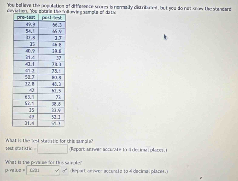 You believe the population of difference scores is normally distributed, but you do not know the standard 
devllowing sample of data: 
What is the test statistic for this sample? 
test statistic =□ (Report answer accurate to 4 decimal places.) 
What is the p -value for this sample?
p-value = 0201 sigma^4 (Report answer accurate to 4 decimal places.)