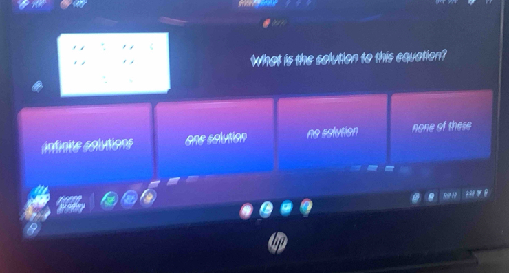 What is the solution to this equation?
infinits colutions one solution no solution none of these