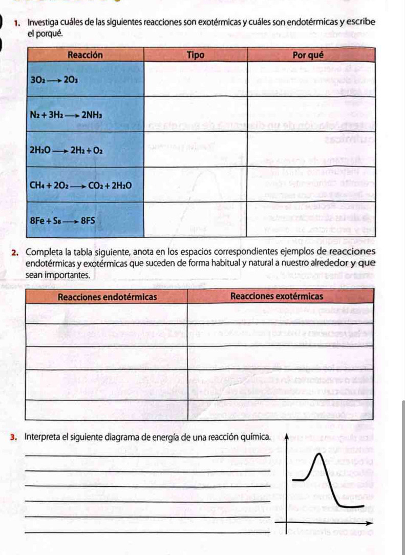 Investiga cuáles de las siguientes reacciones son exotérmicas y cuáles son endotérmicas y escribe
el porqué.
2. Completa la tabla siguiente, anota en los espacios correspondientes ejemplos de reacciones
endotérmicas y exotérmicas que suceden de forma habitual y natural a nuestro alrededor y que
sean importantes.
3. Interpreta el siguiente diagrama de energía de una reacción química.
_
_
_
_
_
_