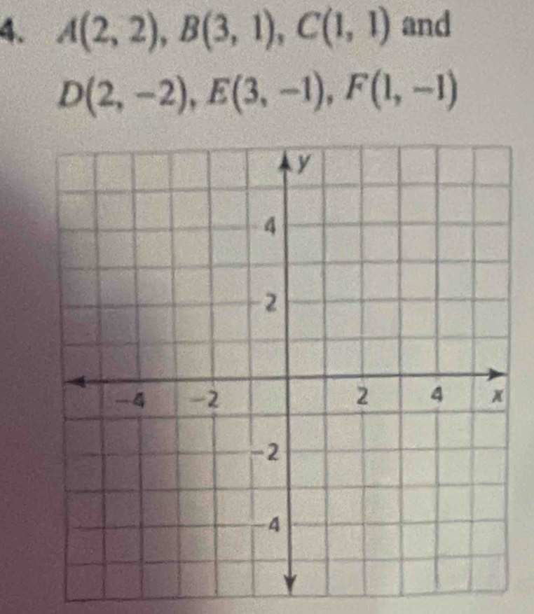 A(2,2), B(3,1), C(1,1) and
D(2,-2), E(3,-1), F(1,-1)