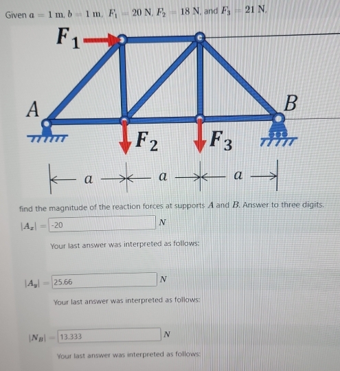 Given a=1m,b=1m,F_1=20N,F_2=18N , and F_3=21N,
find the magnitude of the reaction forces at supports A and B. Answer to three digits.
|A_x|=|-20 □ N
Your last answer was interpreted as follows:
|A_y|=25.66N
Your last answer was interpreted as follows:
|N_B|=13.333 □ N
Your last answer was interpreted as follows: