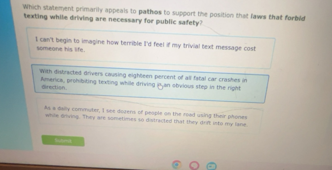 Solved: Which statement primarily appeals to pathos to support the ...