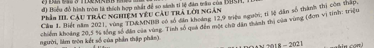 Đan trau ở TD&MNBB nmet 1
d) Biều đồ hình tròn là thích hợp nhất đề so sánh tỉ lệ đàn trâu của ĐBSH, I
Phần III. CÂU TRÁC NGHIỆM YÊU CÂU TRÁ LỜI NGÁN
Cầu 1. Biết năm 2021, vùng TD& MNBB có số dân khoảng 12, 9 triệu người; tỉ lệ dân số thành thị còn thập,
chiếm khoảng 20,5 % tổng số dân của vùng. Tính số quả đến một chữ dân thành thị của vùng (đơn vị tính: triệu
người, làm tròn kết số của phần thập phân).
20N 2018 - 2021 abìn con)