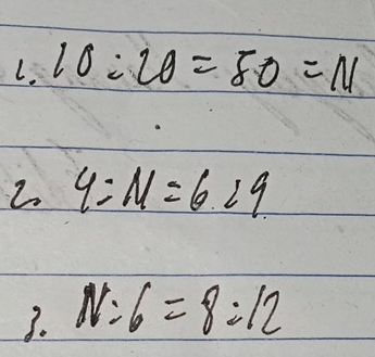 10/ 20=80=N
2 y=N=6.29
3. N:6=8:12