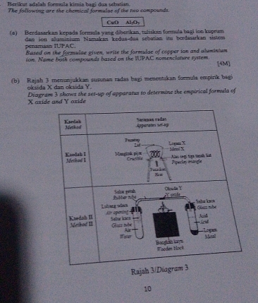 Berikut adalah formula kimia bagi dua sebatian. 
The following are the chemical formulae of the two compounds. 
CuO h
(a) Berdasarkan kepada formula yang diberikan, tuliskan formula bagi ion kuprum 
penamsan IUPAC. dan ion aluminium Namakan kedua-dua sebatian itu berdasarkan sistem 
Based on the formulae given, write the formulae of copper ion and alumintum 
ion. Name both compounds based on the IUPAC nomenclature system. [4M] 
(b) Rajah 3 menunjukkan susunan radas bagi menentukan formula empirik bagi 
oksida X dan oksida Y.
X axide and Y oxide Diagram 3 shows the set-up of apparatus to determine the empirical formula of 
Rajah 3 
10