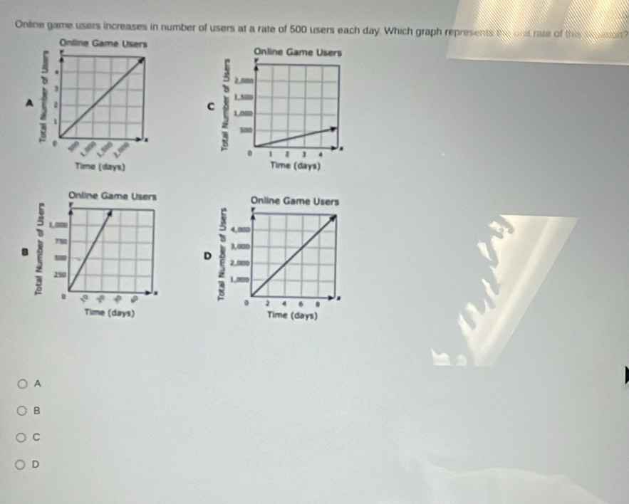 Online game users increases in number of users at a rate of 500 users each day. Which graph represents the ou rate of this seor?
 
5
ξ
A
C 
2
Time (days) Time (days)
Online Game Users
B 8
D 8
Time (days) Time (days)
A
B
C
D